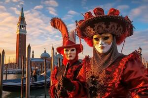 ai generiert elegant Personen im beschwingt Karneval Kostüm und Maske beim Venedig Festival foto