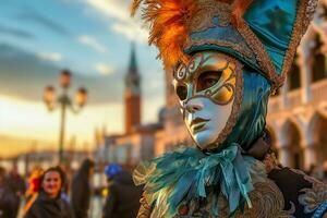 ai generiert elegant Person im beschwingt Karneval Kostüm und Maske beim Venedig Festival foto