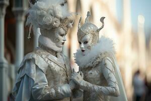 ai generiert elegant Personen im beschwingt Karneval Kostüm und Maske beim Venedig Festival foto