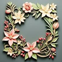 ai generiert ein Blumen- Rahmen Design mit Blätter und Blumen foto