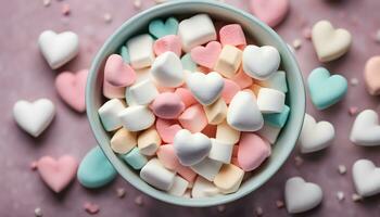 ai generiert ein Schüssel von Marshmallows mit Herzen im Sie foto