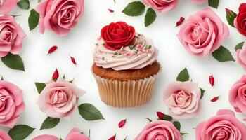 ai generiert Cupcake mit Rosa Rosen auf Weiß Hintergrund foto