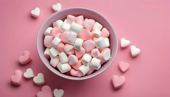 ai generiert ein Schüssel von Marshmallows auf ein Rosa Hintergrund foto