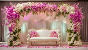 ai generiert ein Hochzeit Zeremonie mit ein Weiß Couch und Rosa Blumen foto