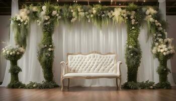 ai generiert ein Weiß Stuhl mit Grün Blumen und Weiß Vorhänge foto