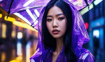 ai generiert schön asiatisch Frau im lila Regenjacke Gehen im das Stadt. ai generativ foto