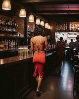 ai generiert schön jung Frau im Abend Kleid posieren im ein Bar. Luxus Lebensstil. ai generativ foto