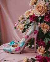 ai generiert Hochzeit Schuhe mit hoch Absätze auf ein Hintergrund von Blumen. ai generativ foto