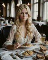 ai generiert schön blond Mädchen Sitzung beim das Tabelle mit ein Menge von Lebensmittel. ai generativ foto