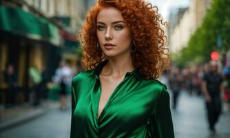 ai generiert schön jung Frau mit rot lockig Haar im ein Grün Kleid im das Stadt beim Nacht. ai generativ foto