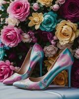 ai generiert Hochzeit Schuhe mit hoch Absätze auf ein Hintergrund von Blumen. ai generativ foto