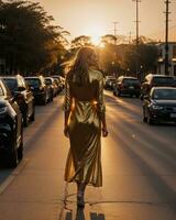 ai generiert schön jung Frau im ein lange Gelb Kleid Gehen auf das Straße beim Sonnenuntergang. ai generativ foto