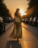 ai generiert schön jung Frau im ein lange Gelb Kleid Gehen auf das Straße beim Sonnenuntergang. ai generativ foto