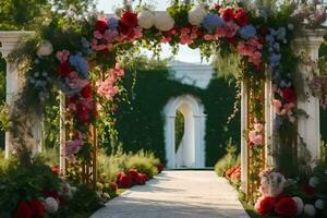 ai generiert ein Hochzeit Bogen mit Blumen und Grün foto