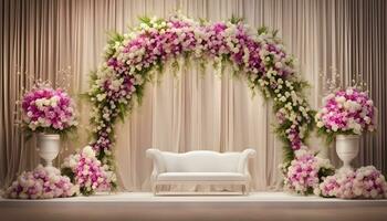 ai generiert Hochzeit Bühne Dekoration mit Blumen und Stühle foto