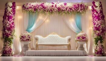 ai generiert Hochzeit Bühne Dekoration mit lila Blumen foto