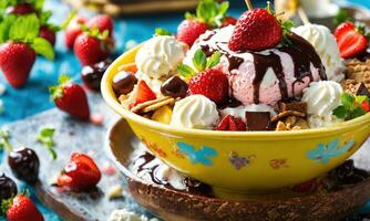 ai generiert Schokolade Kuchen mit Eis Sahne und frisch Erdbeeren auf ein hölzern Tisch. ai generativ foto
