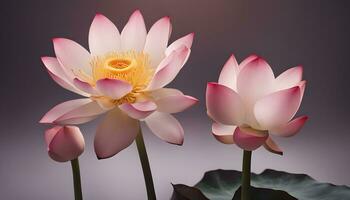 ai generiert zwei Rosa Lotus Blumen sind gezeigt im Vorderseite von ein dunkel Hintergrund foto