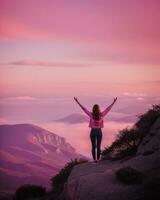 ai generiert jung Frau Wanderer öffnen Waffen auf oben von ein Berg beim Sonnenaufgang. ai generativ foto