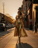 ai generiert schön jung Frau im ein lange Gelb Kleid Gehen auf das Straße beim Sonnenuntergang. ai generativ foto