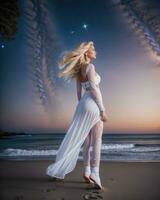 ai generiert schön blond Frau im Weiß Kleid auf das Strand beim Nacht. ai generativ foto