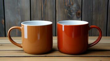 ai generiert Paar Becher Tasse braun Keramik Attrappe, Lehrmodell, Simulation Kaffee trinken Marke Marketing foto