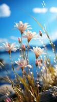 ai generiert Wiese Blumen im früh sonnig frisch Morgen foto