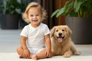 ai generiert bezaubernd wenig Baby Sitzung auf Bett mit golden Retriever. Baby Bodysuit Attrappe, Lehrmodell, Simulation. foto