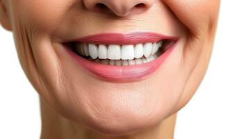 ai generiert Frau lächelt mit gesund Weiß Zähne, isoliert auf Weiß Hintergrund. foto