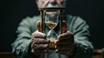 ai generiert Alten Mann halten ein Sanduhr gegen ein dunkel Hintergrund. foto