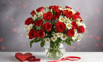 ai generiert Strauß von rot Rosen und Weiß Gänseblümchen im ein Vase foto