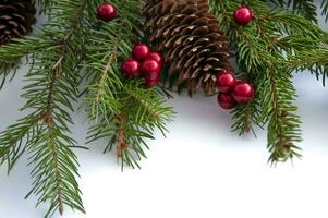 Weihnachten Urlaub Bild im rot und Grün Farben, Zapfen, Grün Fichte Geäst, rot Bälle, Beeren. Hintergrund zum Neu Jahr und Weihnachten. foto