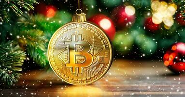 golden Bitcoin auf Weihnachten Baum Hintergrund. Kryptowährung Konzept. foto