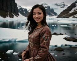 ai generiert Porträt von ein jung Frau lächelnd beim Kamera im Vorderseite von Eisberge. ai generativ foto