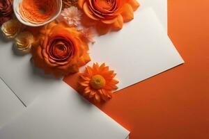 ai generiert oben Aussicht von Papier, Briefumschlag und Blumen auf Orange Hintergrund mit Kopieren Raum. generativ ai foto