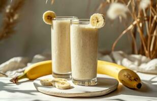 ai generiert ein vegan Banane Smoothie ist gezeigt im Brille foto