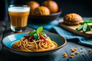 Spaghetti mit Fleisch und Gemüse im ein Schüssel. KI-generiert foto