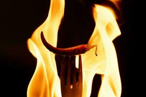 Chili Pfeffer auf Gabel mit Flammen auf schwarz Hintergrund. Verbrennung rot Chili Pfeffer. schleppend Bewegung foto