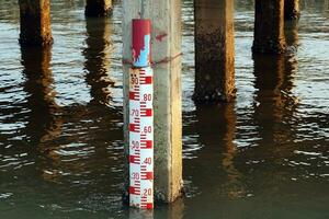 kritisch Wasser Niveau Messgerät. ein rot Mitarbeiter Spur neben ein Beton Pole zeigen kritisch Fluss Wasser. foto