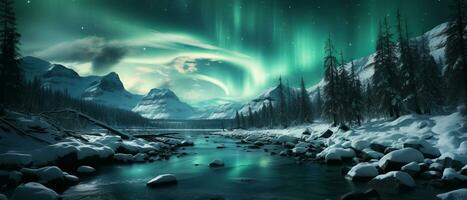 ai generiert Aurora Borealis Über makellos schneebedeckt Landschaft foto
