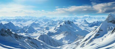 ai generiert atemberaubend Aussicht von Weiss, schneebedeckt Berge unter das Sonne, Angebot ein perfekt Rahmen zum ein Winter Ferien oder Ski Resort Abenteuer. foto