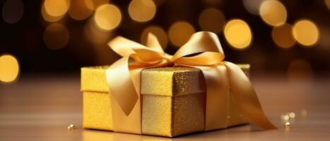 ai generiert zauberhaft Gelb Geschenk Box umgeben durch Konfetti. ai generativ. foto