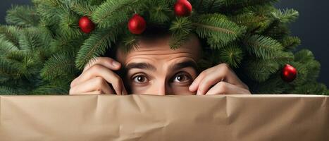 ai generiert spielerisch Mann versteckt hinter Weihnachten Baum. ai generativ. foto