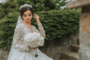 das Braut im ein schön Weiß Kleid mit Ärmel und ein Krone auf ihr Kopf und ein Strauß von Hortensien im ihr Hände foto