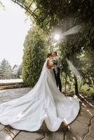 Porträt von das Braut und Bräutigam im das Park, das Braut und Bräutigam sind umarmen und zärtlich küssen. Hochzeit gehen im das Park. lange Zug von das Kleid foto