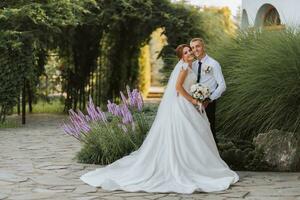 Porträt von das Braut und Bräutigam im das Park, das Braut und Bräutigam sind posieren in der Nähe von Lavendel Blumen. Hochzeit gehen im das Park. lange Zug von das Kleid foto