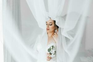 Porträt von das Braut. das Braut im ein Schleier, posieren mit ein Ansteckblume, auf ein Weiß Hintergrund. schön Haar und bilden. öffnen Büste auf das Kleid. Diadem mit Kristalle foto