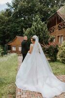 modisch Bräutigam und süß Braut im Weiß Kleid mit Krone, Bräutigam führt Braut durch Hand, Garten, Wald draußen. Hochzeit Fotografie, Porträt von lächelnd Jungvermählten. foto