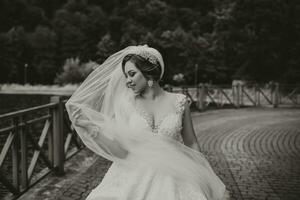 Hochzeit Porträt. das Braut im ein Weiß Kleid auf das Brücke mit ein fließend Schleier, das Bräutigam ist Stehen hinter ihr. aufrichtig lächeln. Wind und Schleier. Diadem. schwarz und Weiß Foto