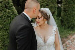 Hochzeit Porträt. das Bräutigam Küsse das Braut. das Braut im ein elegant Kleid, das Bräutigam im ein klassisch passen gegen das Hintergrund von Grün Bäume. sanft berühren. Sommer- Hochzeit. ein gehen im Natur foto